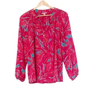 Lilly Pulitzer Silk Elsa Blouse Pink Blue Floral Top Shirt — S